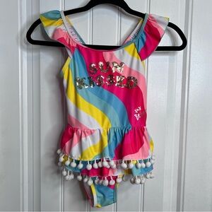 Betsy Johnson Girls ‘Sun Kissed’ Colorful Swimsuit with Pom Pom Trim. Size 7/8
